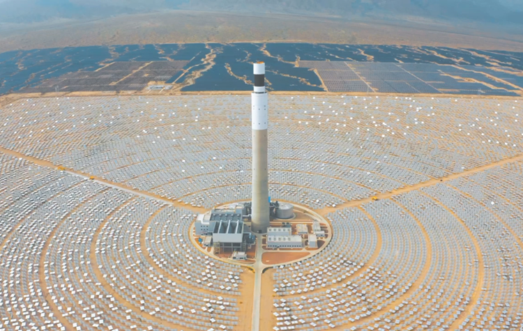 Aerial shot of solar power plant on Gobi Desert.