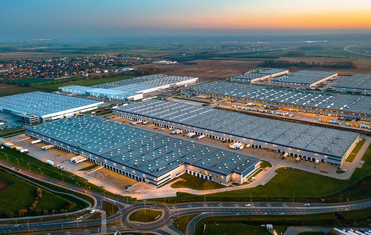 Aerial view of the logistics centre in the evening