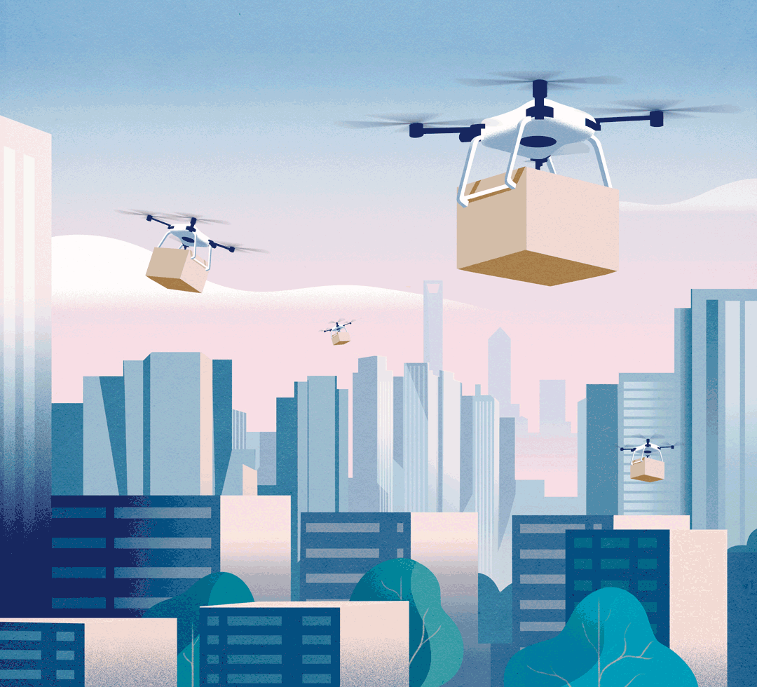 An illustration of drones transporting packages within a city environment. Illustrated by Andrew Lyons.