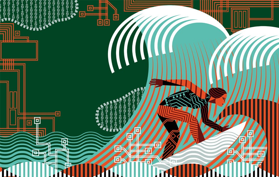  Illustrations by Balbusso Twins of a woman surfing.