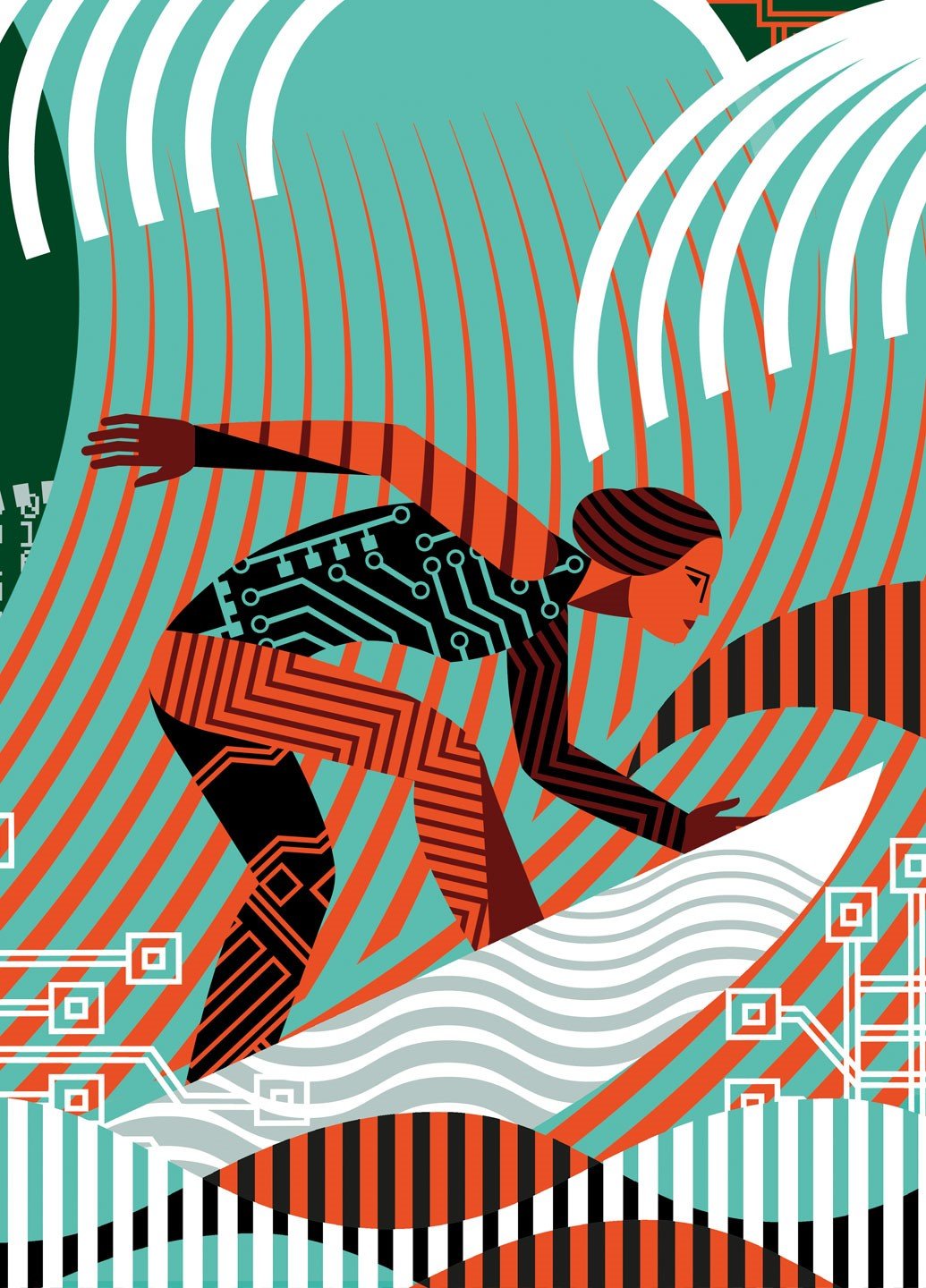 Illustrations by Balbusso Twins of a woman surfing.