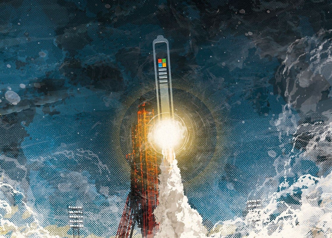 Illustrations by Mark Smith of a rocket launching featuring the Microsoft logo.